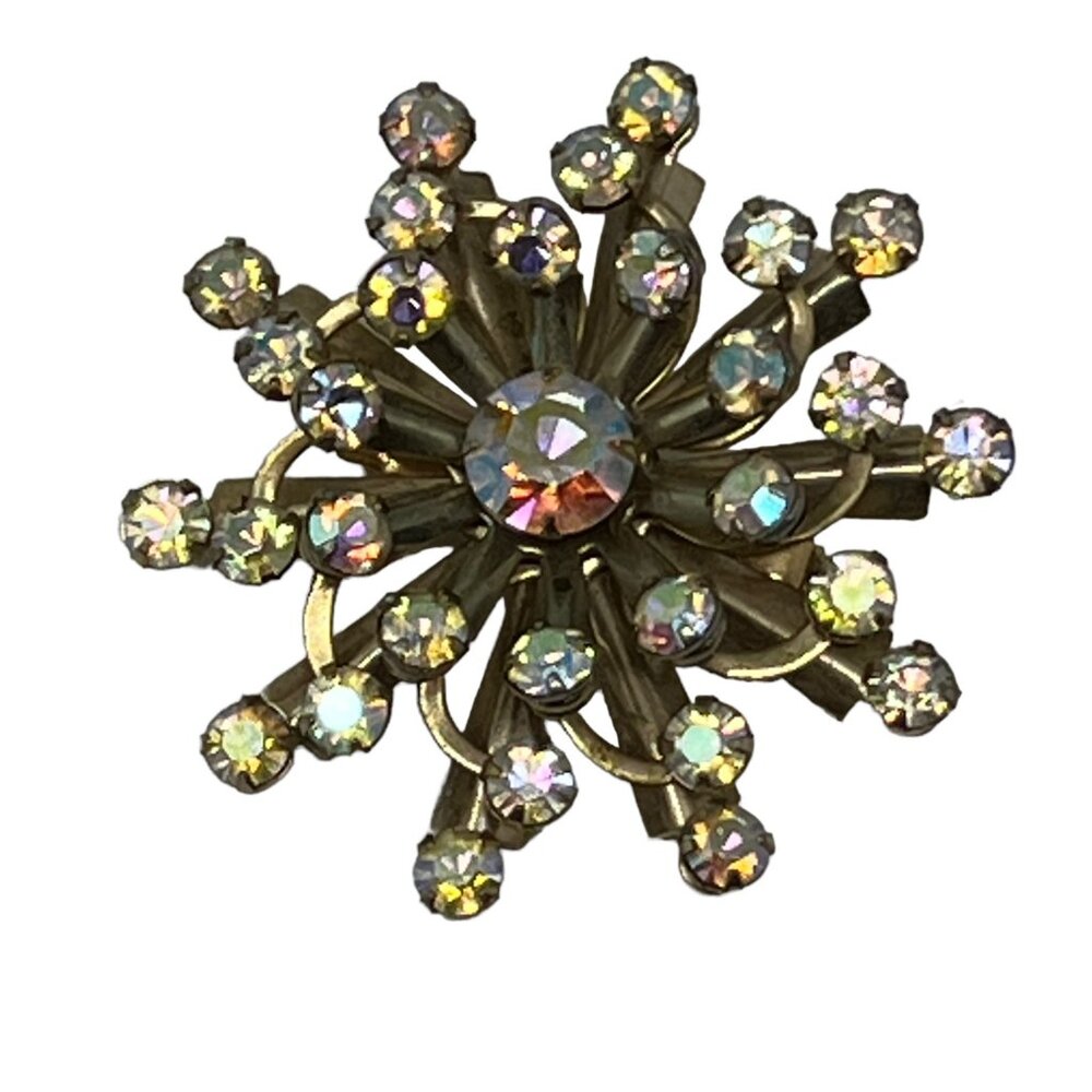 Snowflake Brooch AB Stones Gold Tone Aurora Borealis Flower Vintage Pin